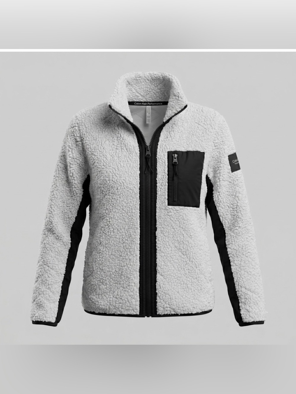 Calvin Klein White Sherpa Zip-Up Jacket Sweater Cozy Active Boucle Winter